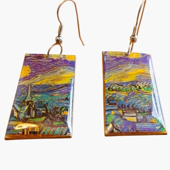 Van Gogh Starry Night Rectangle Earrings Pierced Hook - Picture 1 of 9